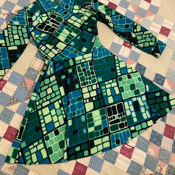 Vintage 60s 70s Fit Flare Mod Dagger Collar Psychedelic Mod Gogo Mini Dress - Picture 9 of 15